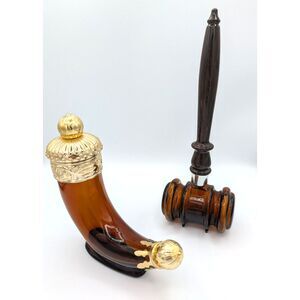 Vintage AVON Gavel and Viking Horn Amber Gold Decanter Cologne Bottles